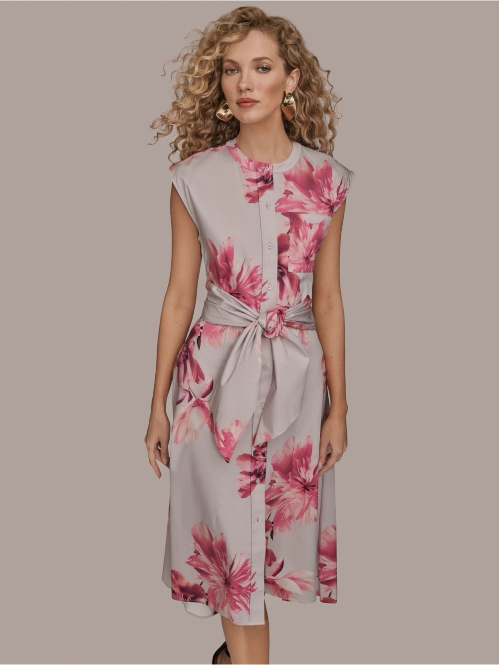 NWT Donna Karan New York Floral Tie Front Cap Sleeve Stretch Cotton Shirtdress